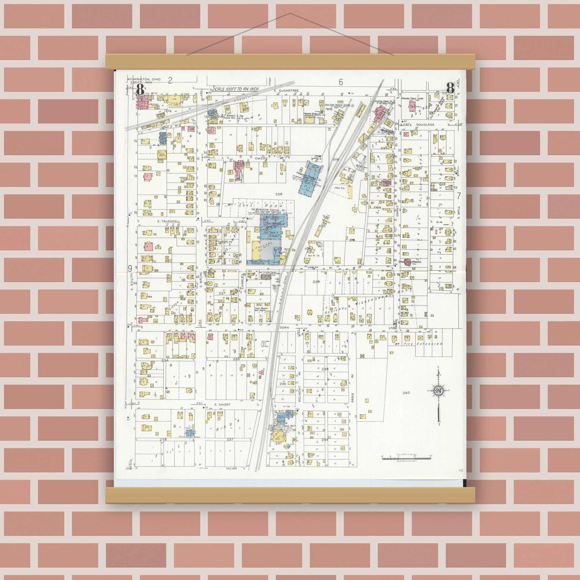 Old map wall art mockup — magnetic wood frame on brick wall — Sanborn Fire Insurance Map from Wilmington, Clinton County, Ohio (1933), Sheet #0008