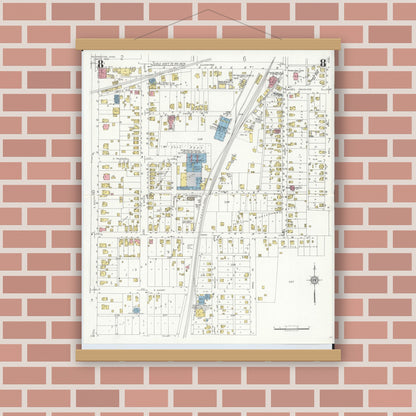Old map wall art mockup — magnetic wood frame on brick wall — Sanborn Fire Insurance Map from Wilmington, Clinton County, Ohio (1933), Sheet #0008