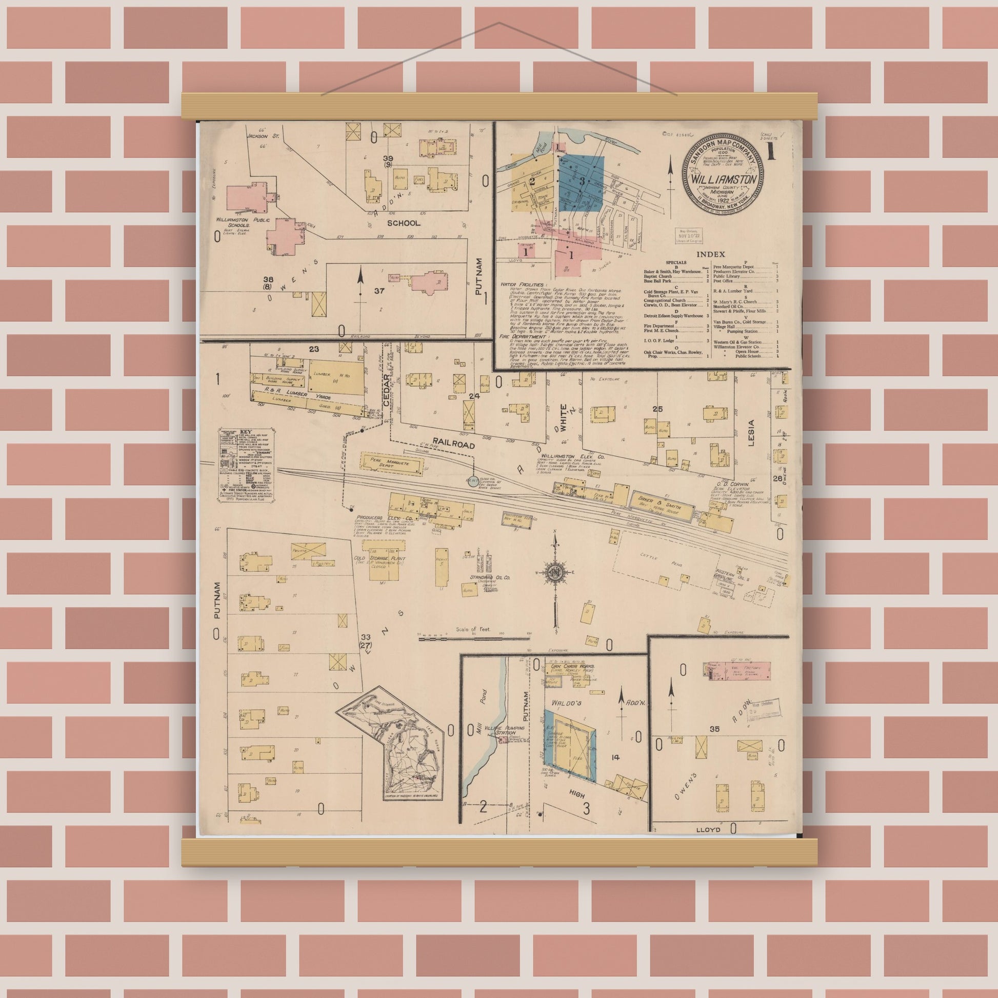 Old map wall art mockup — magnetic wood frame on brick wall — Sanborn Fire Insurance Map from Williamston, Ingham County, Michigan (1922) - Complete Map Set