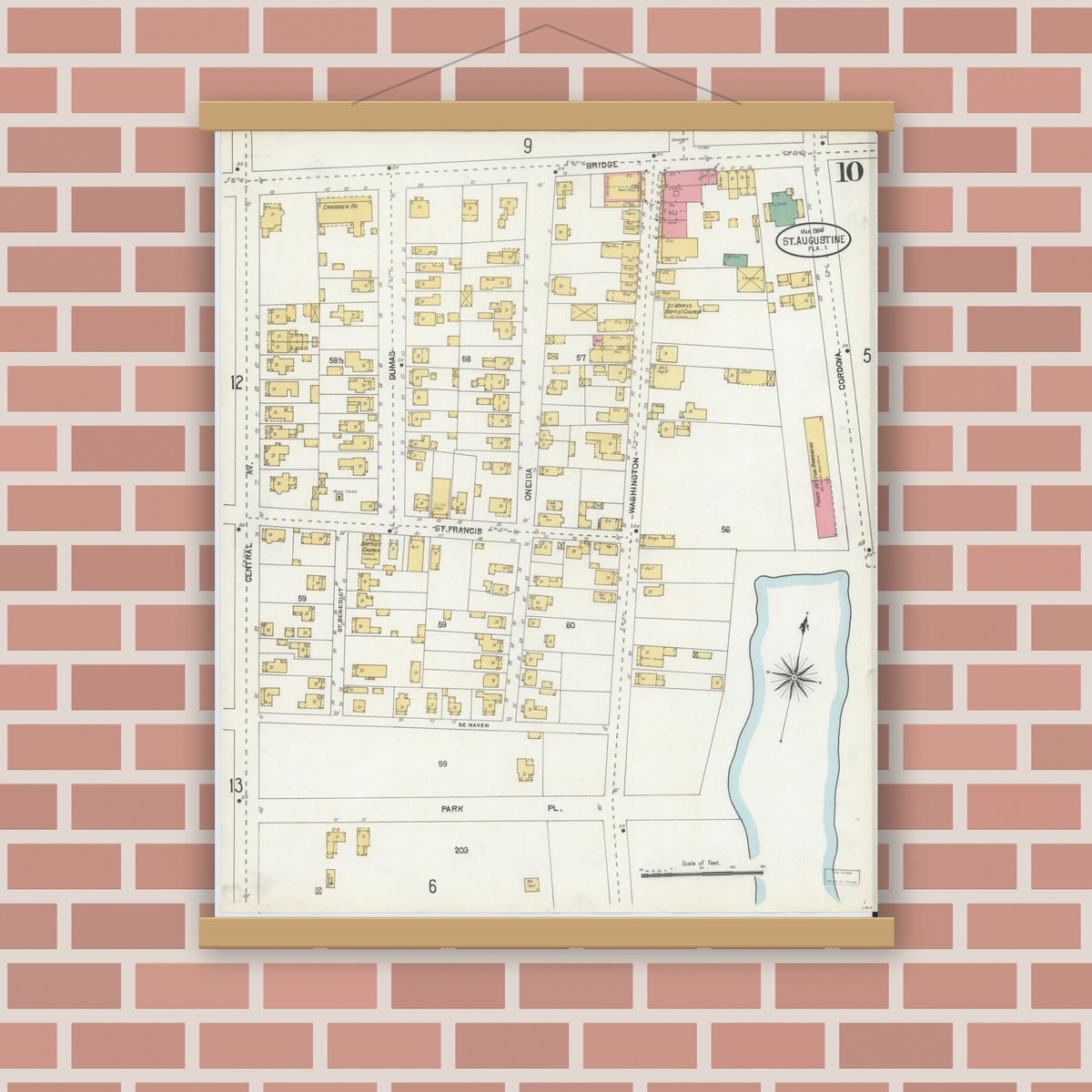 Old map wall art mockup — magnetic wood frame on brick wall — Sanborn Fire Insurance Map from Saint Augustine, Saint John's County, Florida (1904), Sheet #0010