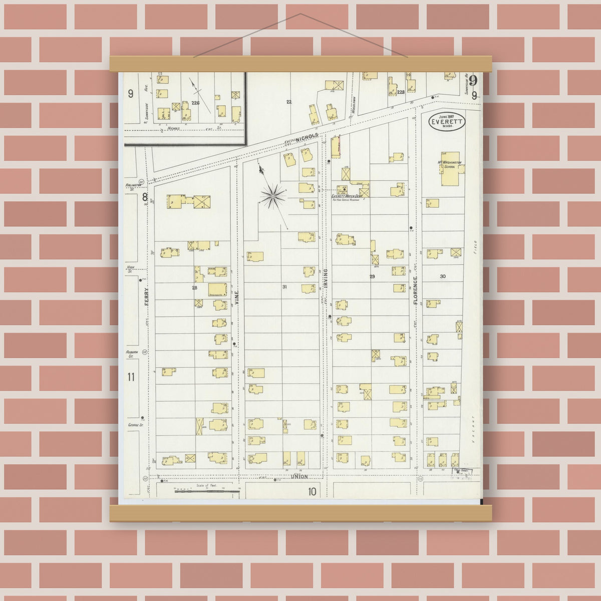 Old map wall art mockup — magnetic wood frame on brick wall — Sanborn Fire Insurance Map from Everett, Middlesex County, Massachusetts (1897), Sheet #0009