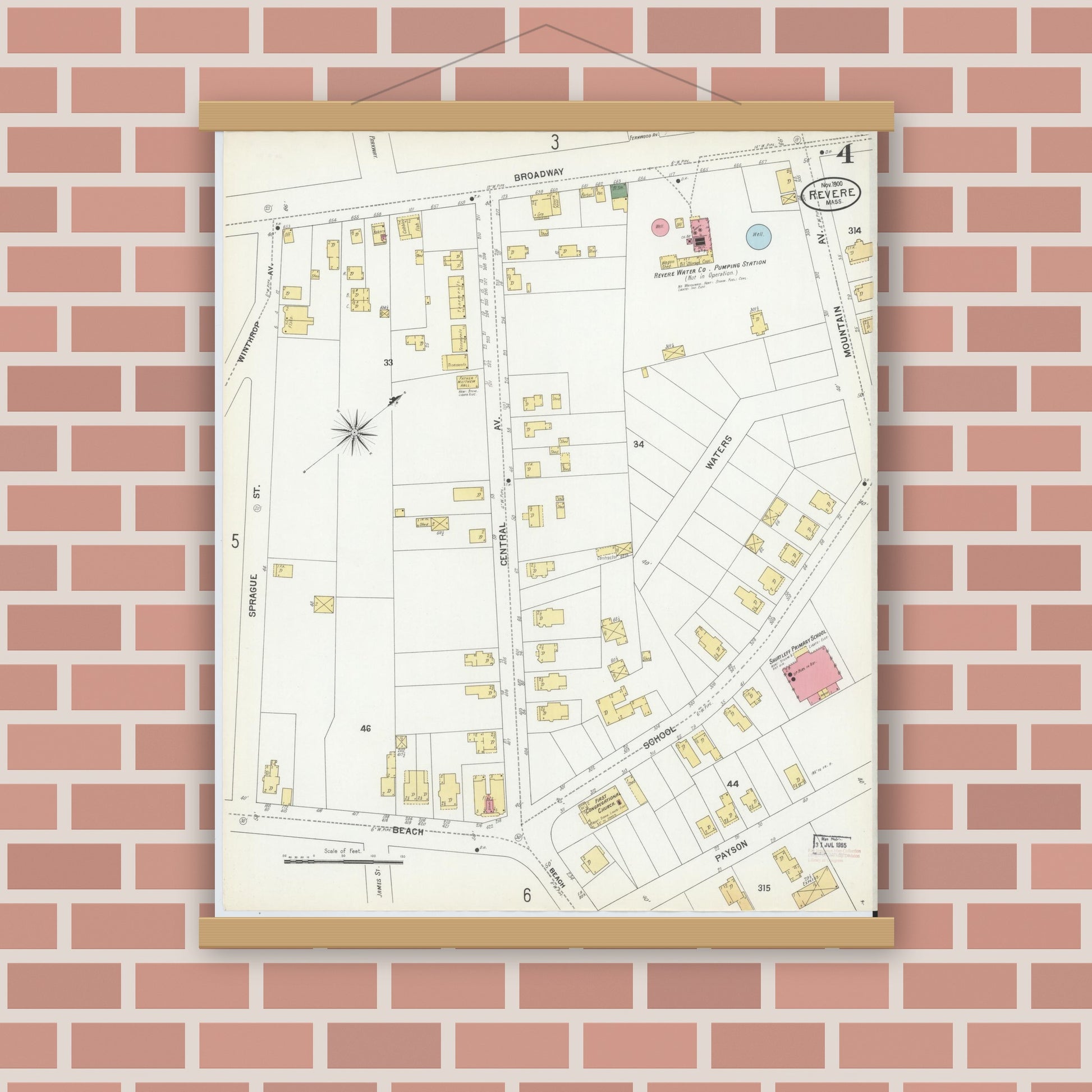 Old map wall art mockup — magnetic wood frame on brick wall — Sanborn Fire Insurance Map from Revere, Suffolk County, Massachusetts (1900), Sheet #0004