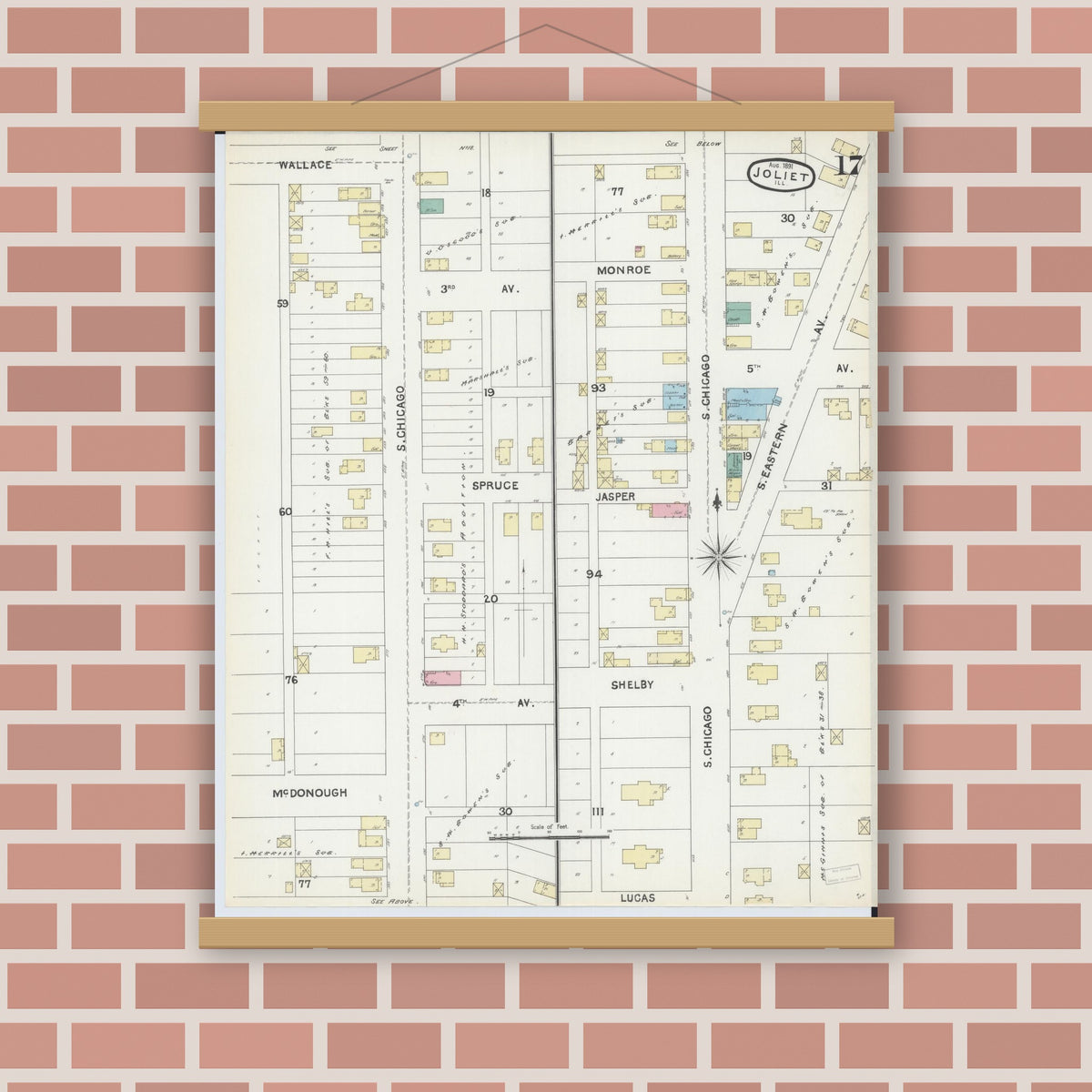 Old map wall art mockup — magnetic wood frame on brick wall — Sanborn Fire Insurance Map from Joliet, Will County, Illinois (1891), Sheet #0017