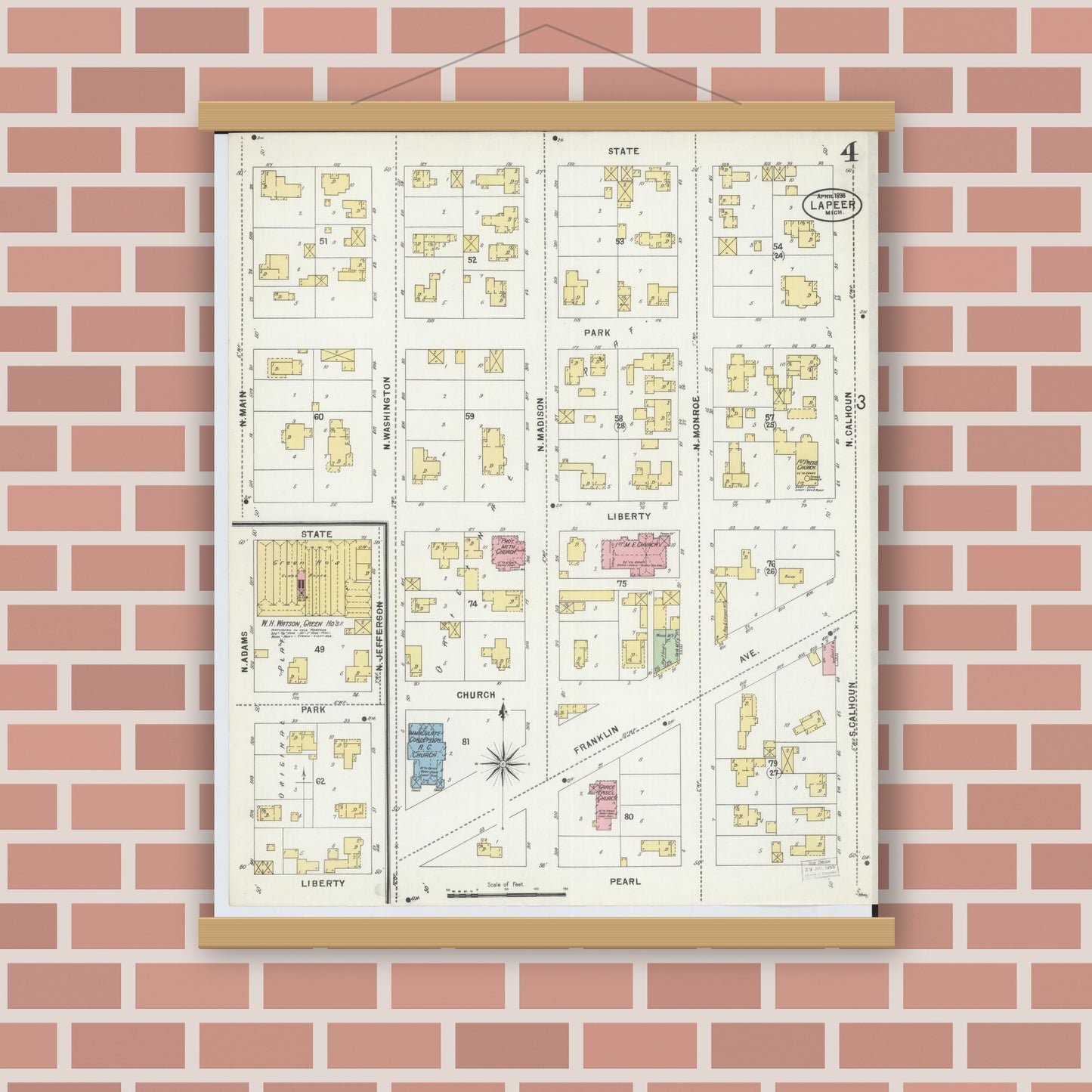 Old map wall art mockup — magnetic wood frame on brick wall — Sanborn Fire Insurance Map from Lapeer, Lapeer County, Michigan (1898), Sheet #0004