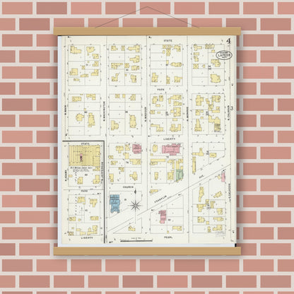 Old map wall art mockup — magnetic wood frame on brick wall — Sanborn Fire Insurance Map from Lapeer, Lapeer County, Michigan (1898), Sheet #0004