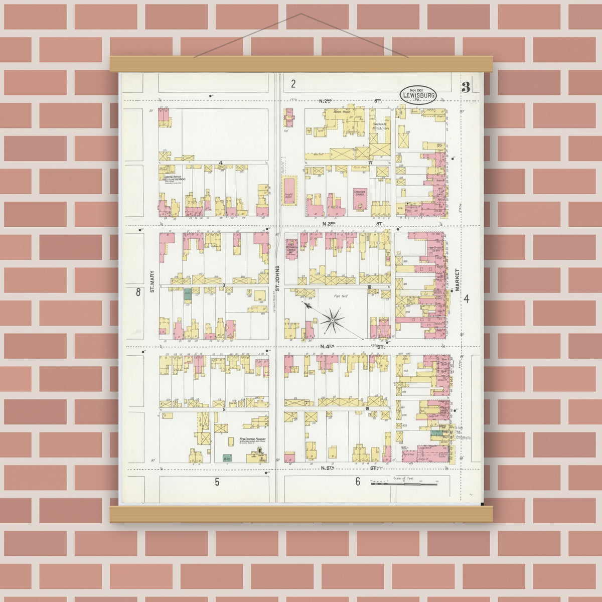 Old map wall art mockup — magnetic wood frame on brick wall — Sanborn Fire Insurance Map from Lewisburg, Union County, Pennsylvania (1901), Sheet #0003