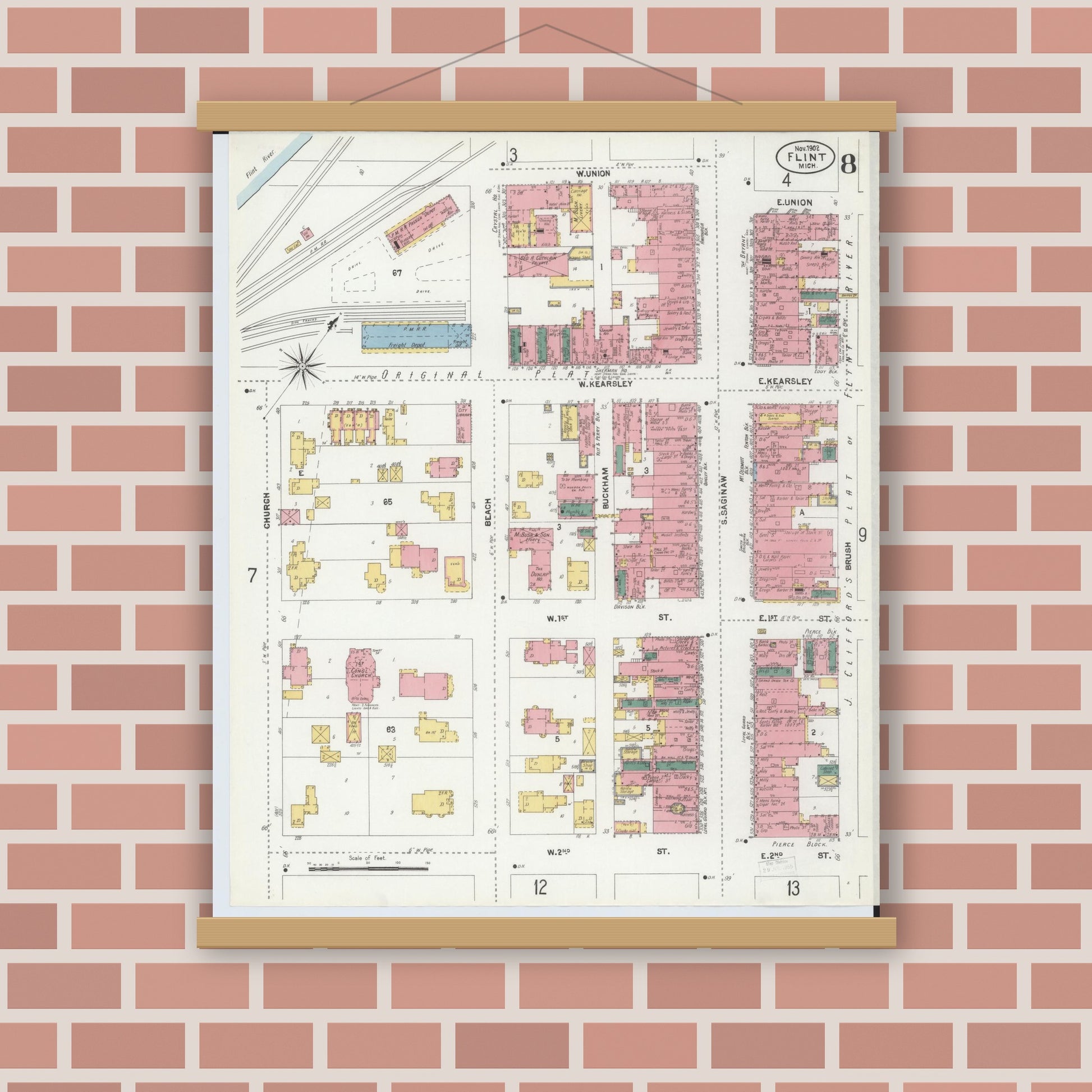 Old map wall art mockup — magnetic wood frame on brick wall — Sanborn Fire Insurance Map from Flint, Genesee County, Michigan (1902), Sheet #0008
