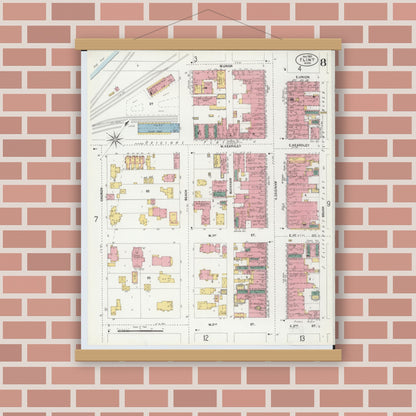 Old map wall art mockup — magnetic wood frame on brick wall — Sanborn Fire Insurance Map from Flint, Genesee County, Michigan (1902), Sheet #0008