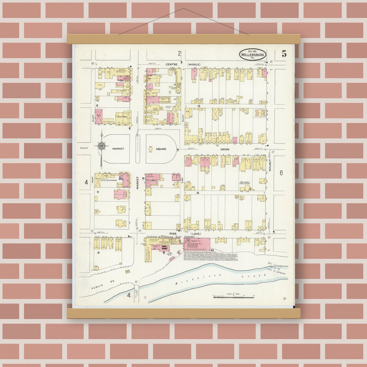 Old map wall art mockup — magnetic wood frame on brick wall — Sanborn Fire Insurance Map from Millersburg, Dauphin County, Pennsylvania (1911), Sheet #0005