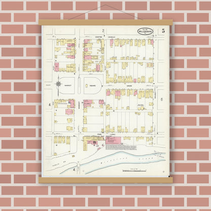 Old map wall art mockup — magnetic wood frame on brick wall — Sanborn Fire Insurance Map from Millersburg, Dauphin County, Pennsylvania (1911), Sheet #0005