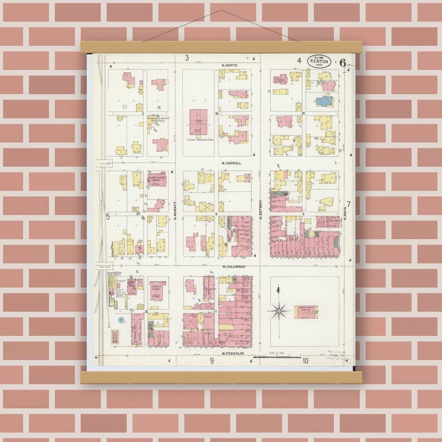Old map wall art mockup — magnetic wood frame on brick wall — Sanborn Fire Insurance Map from Kenton, Hardin County, Ohio (1902), Sheet #0006