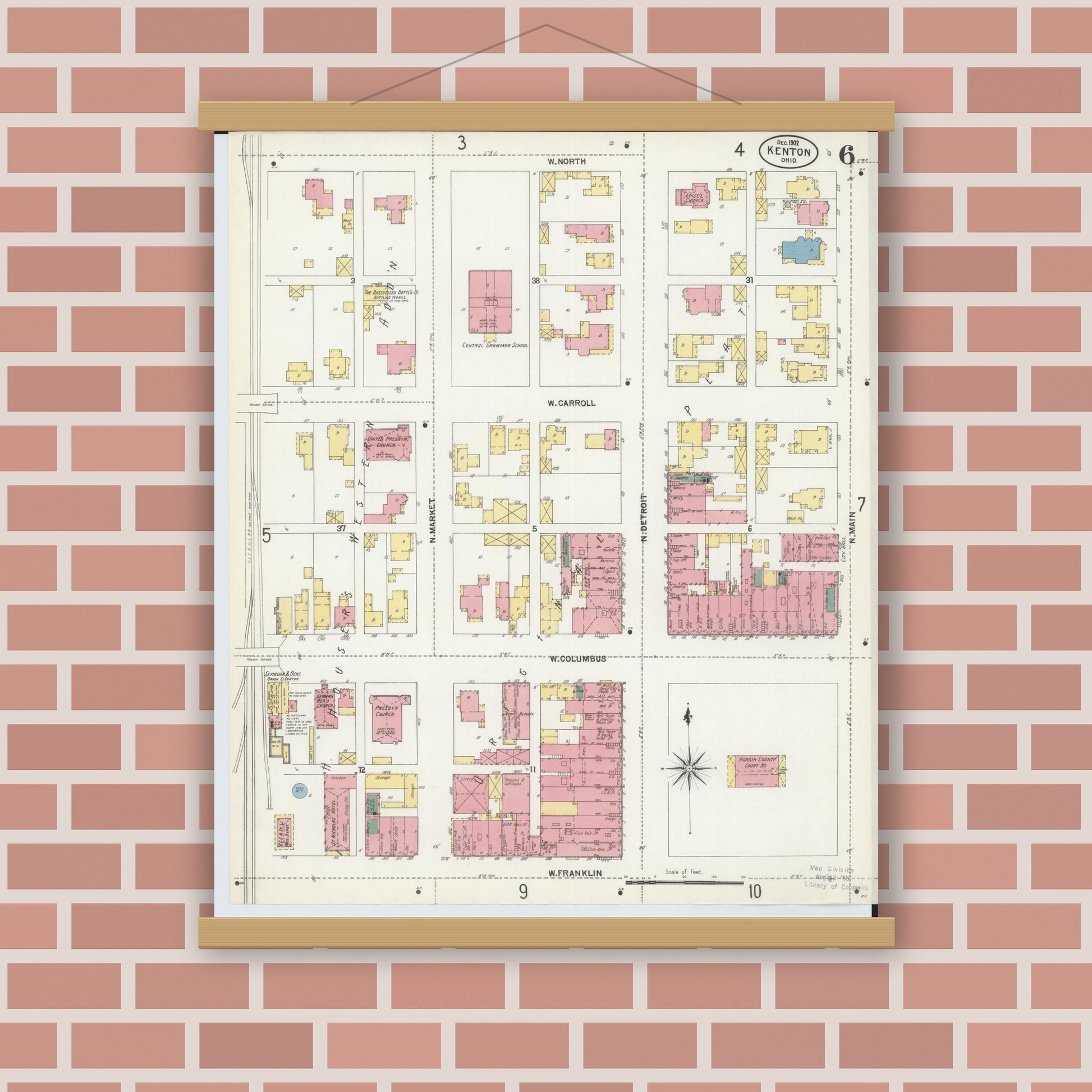 Old map wall art mockup — magnetic wood frame on brick wall — Sanborn Fire Insurance Map from Kenton, Hardin County, Ohio (1902), Sheet #0006