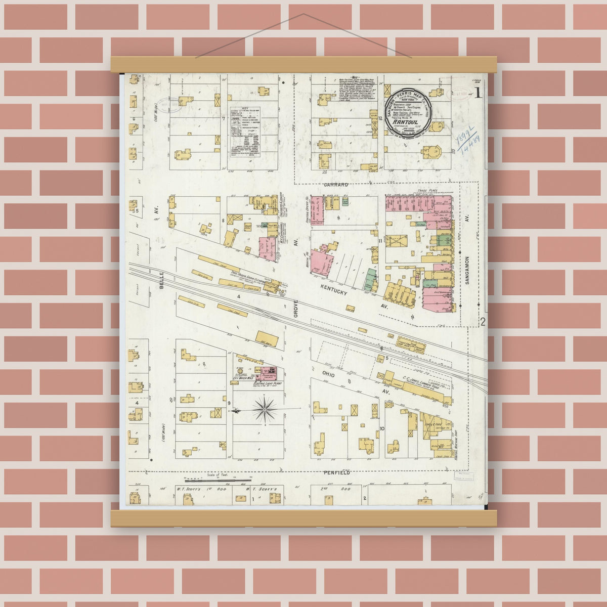 Old map wall art mockup — magnetic wood frame on brick wall — Sanborn Fire Insurance Map from Rantoul, Champaign County, Illinois (1899), Sheet #0001