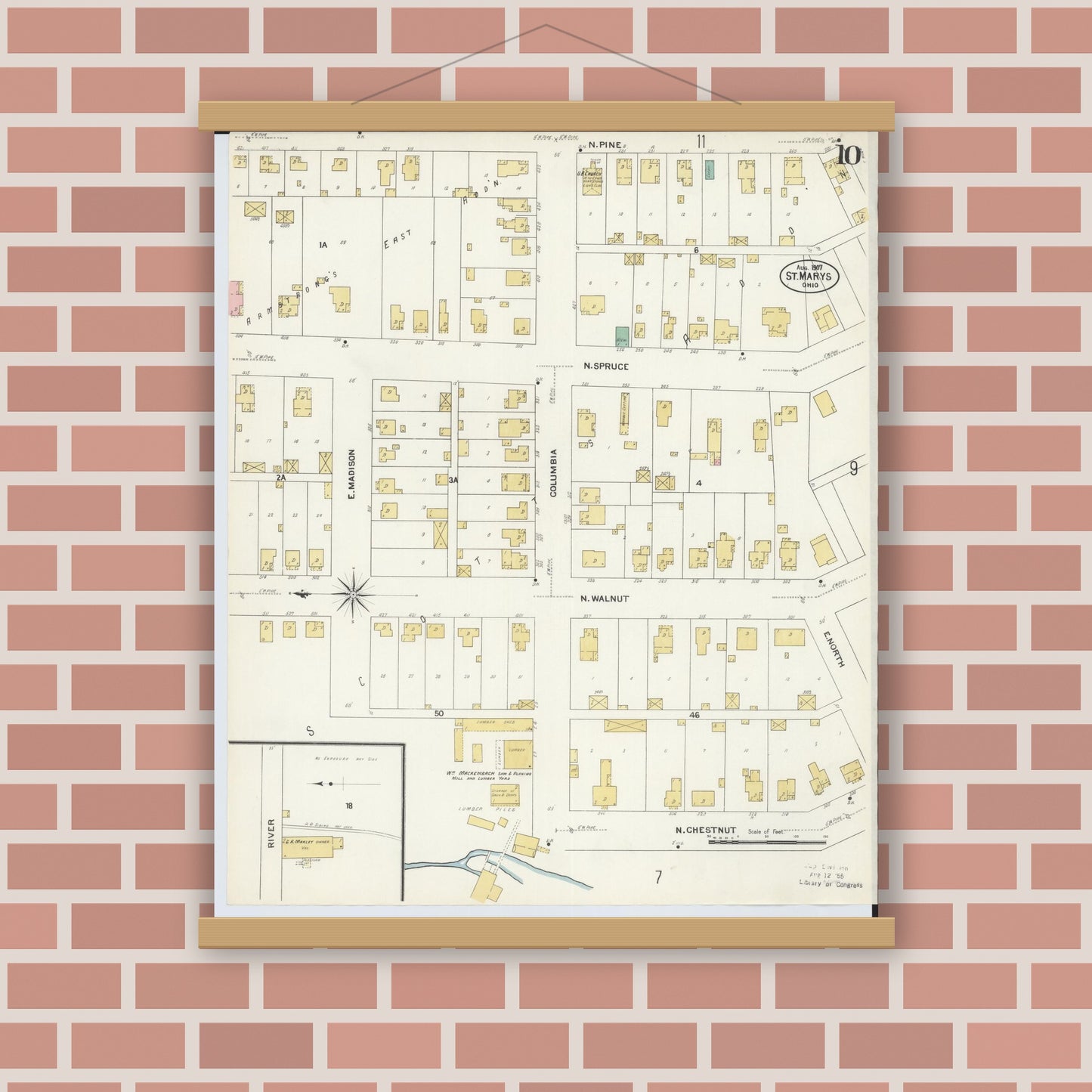 Old map wall art mockup — magnetic wood frame on brick wall — Sanborn Fire Insurance Map from Saint Marys, Auglaize County, Ohio (1907), Sheet #0010