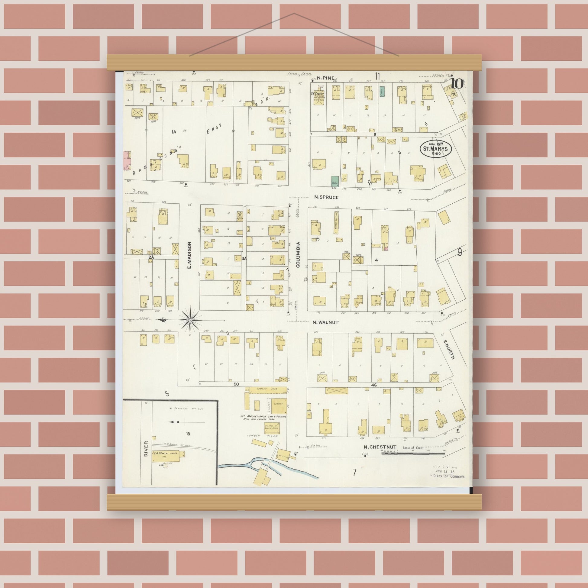 Old map wall art mockup — magnetic wood frame on brick wall — Sanborn Fire Insurance Map from Saint Marys, Auglaize County, Ohio (1907), Sheet #0010