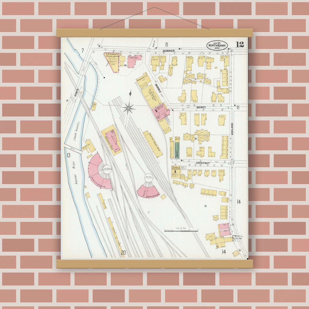 Old map wall art mockup — magnetic wood frame on brick wall — Sanborn Fire Insurance Map from North Adams, Berkshire County, Massachusetts (1901), Sheet #0012