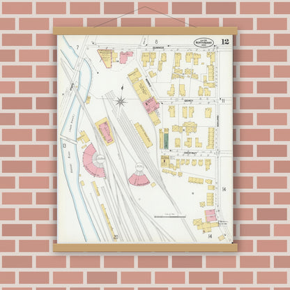 Old map wall art mockup — magnetic wood frame on brick wall — Sanborn Fire Insurance Map from North Adams, Berkshire County, Massachusetts (1901), Sheet #0012