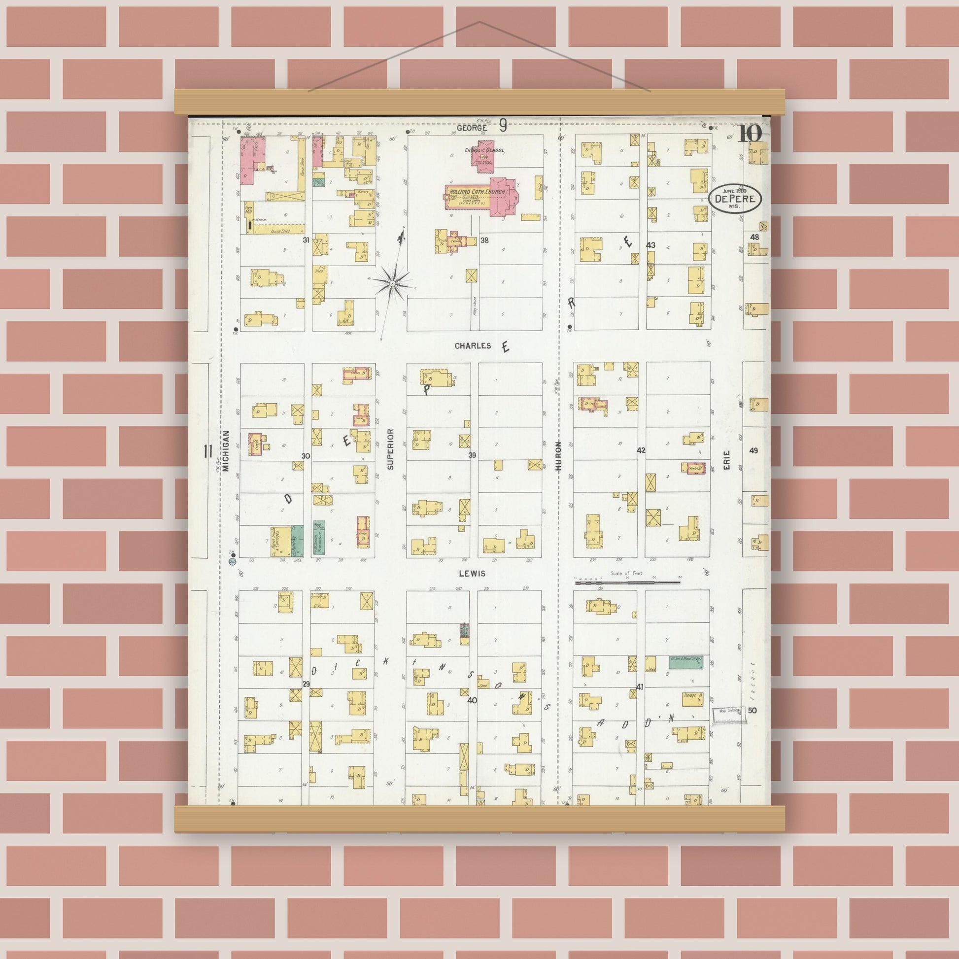 Old map wall art mockup — magnetic wood frame on brick wall — Sanborn Fire Insurance Map from De Pere, Brown County, Wisconsin (1900), Sheet #0010
