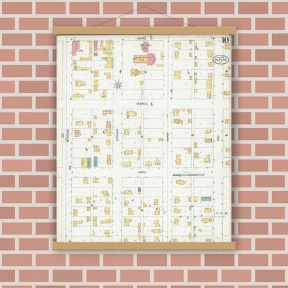 Old map wall art mockup — magnetic wood frame on brick wall — Sanborn Fire Insurance Map from De Pere, Brown County, Wisconsin (1900), Sheet #0010