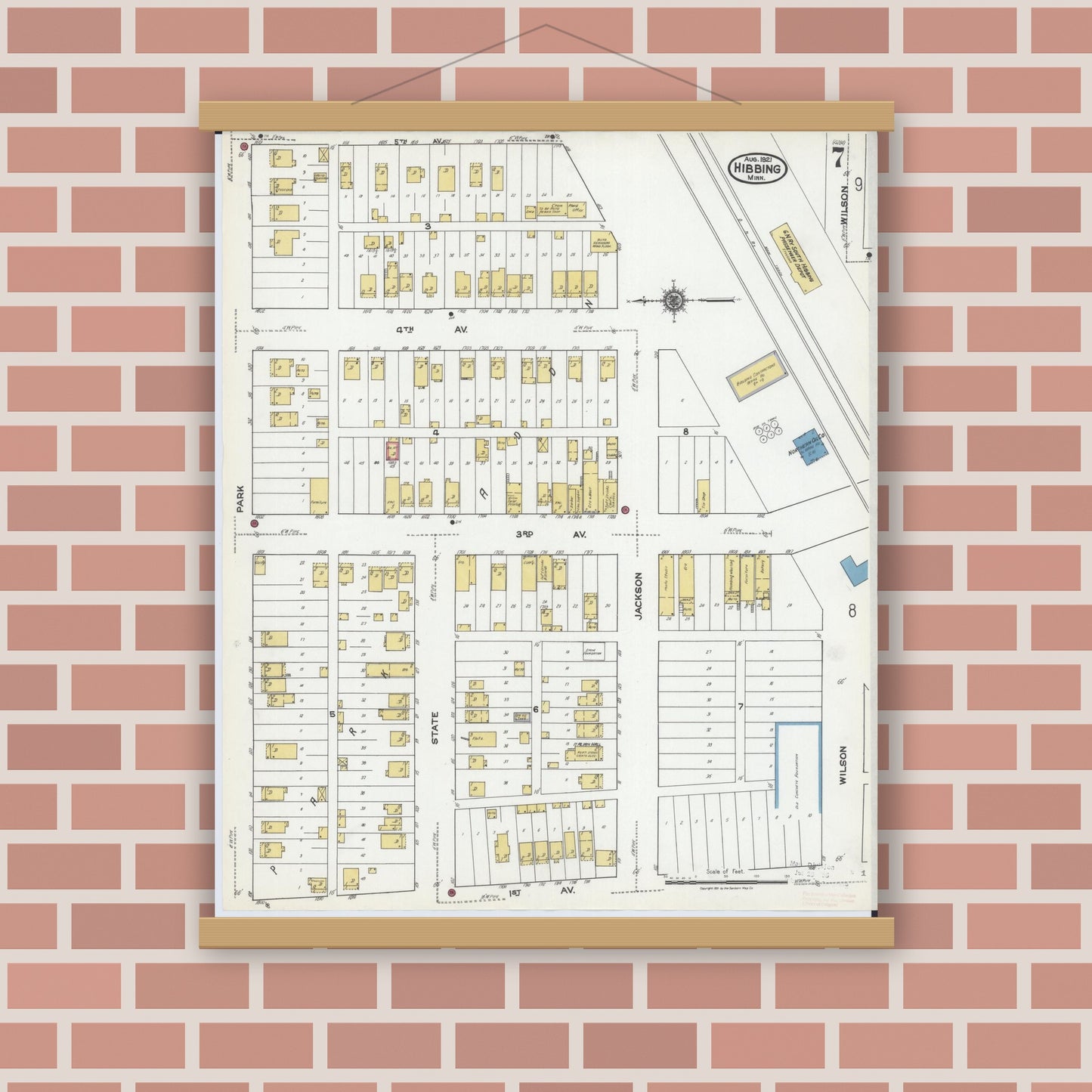 Old map wall art mockup — magnetic wood frame on brick wall — Sanborn Fire Insurance Map from Hibbing, Saint Louis County, Minnesota (1921), Sheet #0007