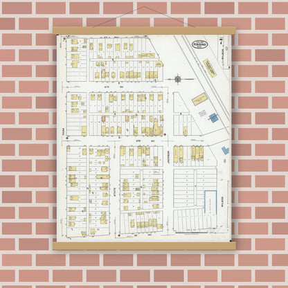 Old map wall art mockup — magnetic wood frame on brick wall — Sanborn Fire Insurance Map from Hibbing, Saint Louis County, Minnesota (1921), Sheet #0007