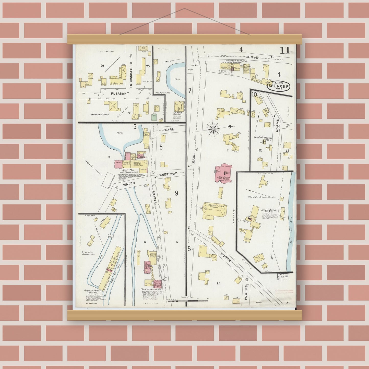Old map wall art mockup — magnetic wood frame on brick wall — Sanborn Fire Insurance Map from Spencer, Worcester County, Massachusetts (1896), Sheet #0011