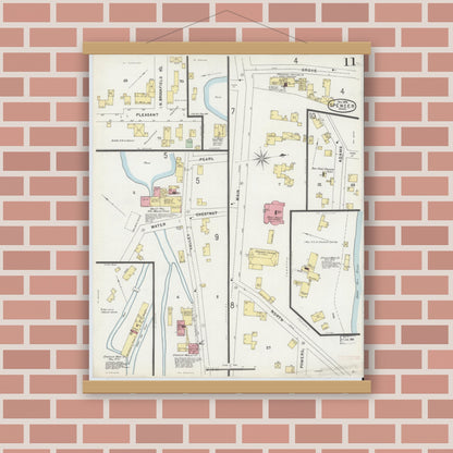 Old map wall art mockup — magnetic wood frame on brick wall — Sanborn Fire Insurance Map from Spencer, Worcester County, Massachusetts (1896), Sheet #0011