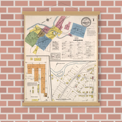 Old map wall art mockup — magnetic wood frame on brick wall — Sanborn Fire Insurance Map from Homer City, Indiana County, Pennsylvania (1917), Sheet #0001