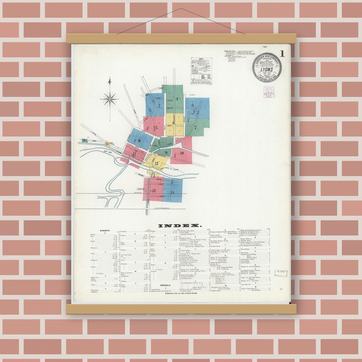 Old map wall art mockup — magnetic wood frame on brick wall — Sanborn Fire Insurance Map from Lyons, Wayne County, New York (1904) - Complete Map Set
