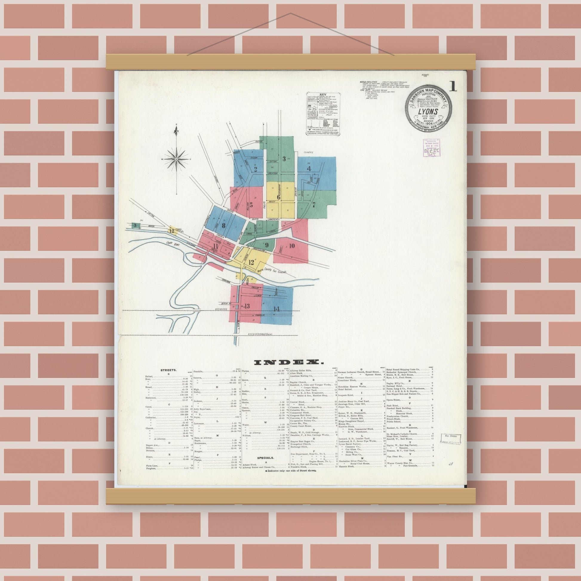 Old map wall art mockup — magnetic wood frame on brick wall — Sanborn Fire Insurance Map from Lyons, Wayne County, New York (1904) - Complete Map Set