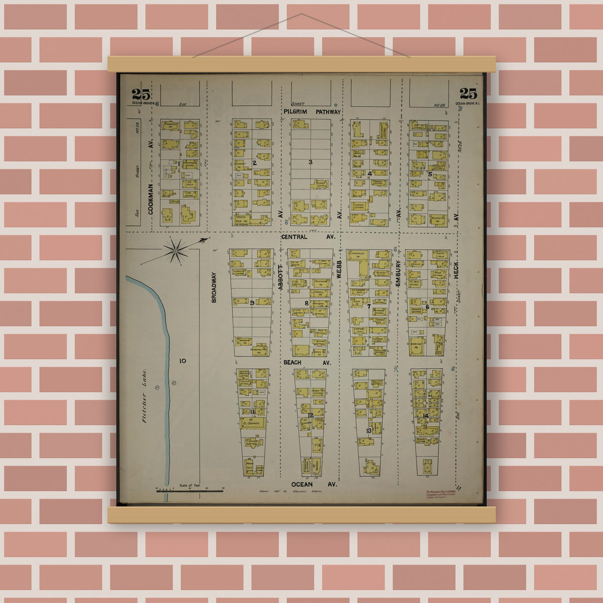 Old map wall art mockup — magnetic wood frame on brick wall — Sanborn Fire Insurance Map from New Jersey Coast, New Jersey Coast, New Jersey (1890), Sheet #0025