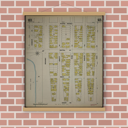 Old map wall art mockup — magnetic wood frame on brick wall — Sanborn Fire Insurance Map from New Jersey Coast, New Jersey Coast, New Jersey (1890), Sheet #0025