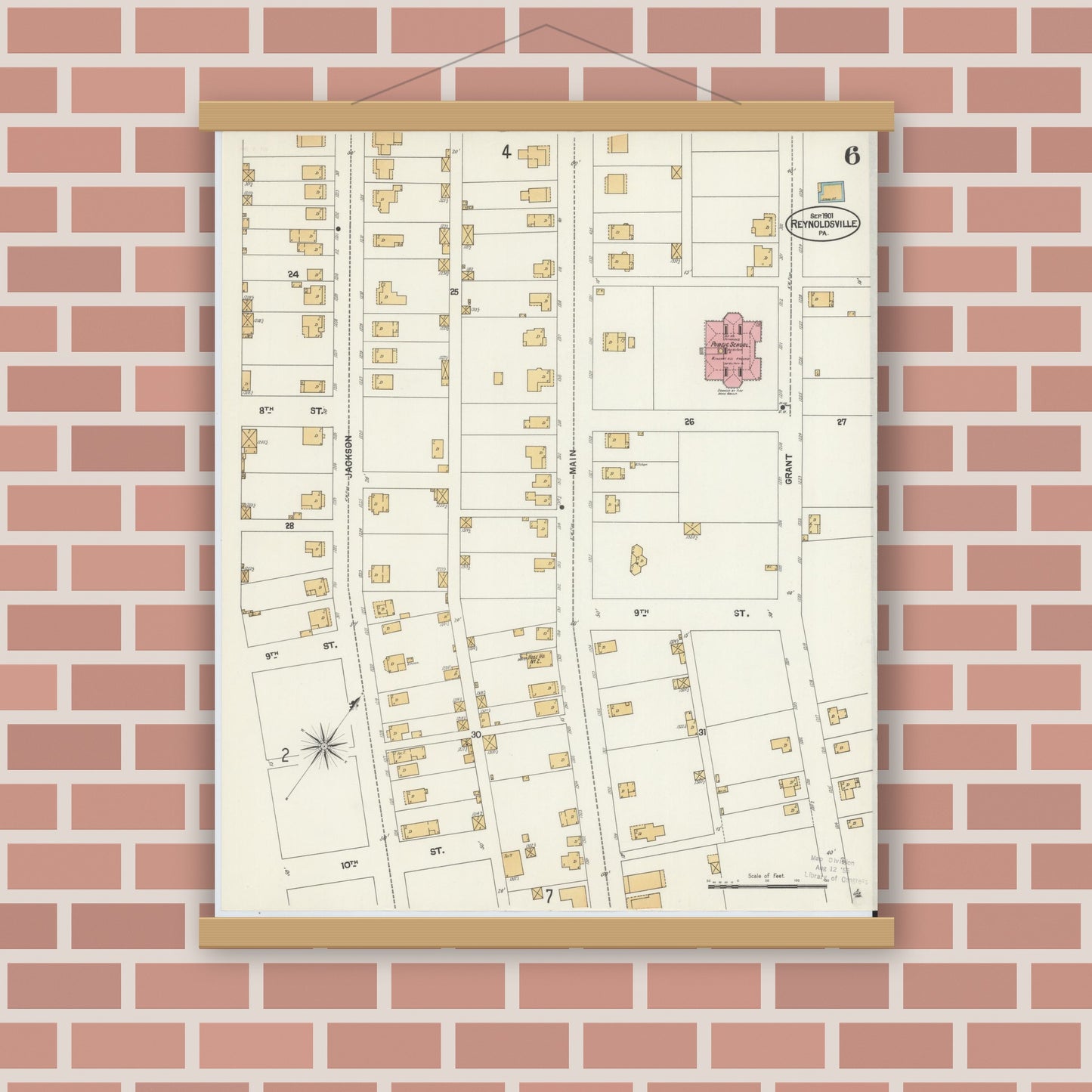 Old map wall art mockup — magnetic wood frame on brick wall — Sanborn Fire Insurance Map from Reynoldsville, Jefferson County, Pennsylvania (1901), Sheet #0006