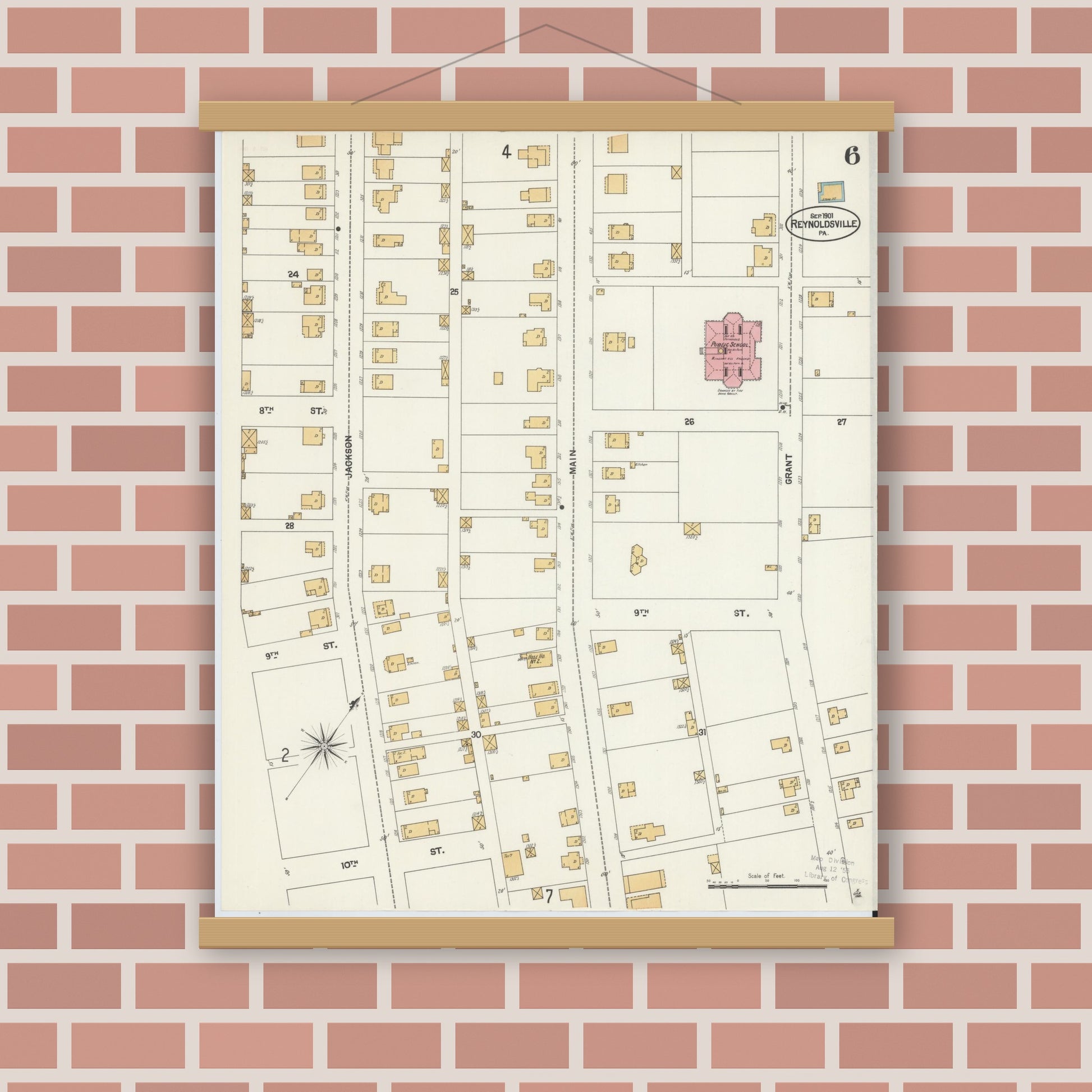 Old map wall art mockup — magnetic wood frame on brick wall — Sanborn Fire Insurance Map from Reynoldsville, Jefferson County, Pennsylvania (1901), Sheet #0006