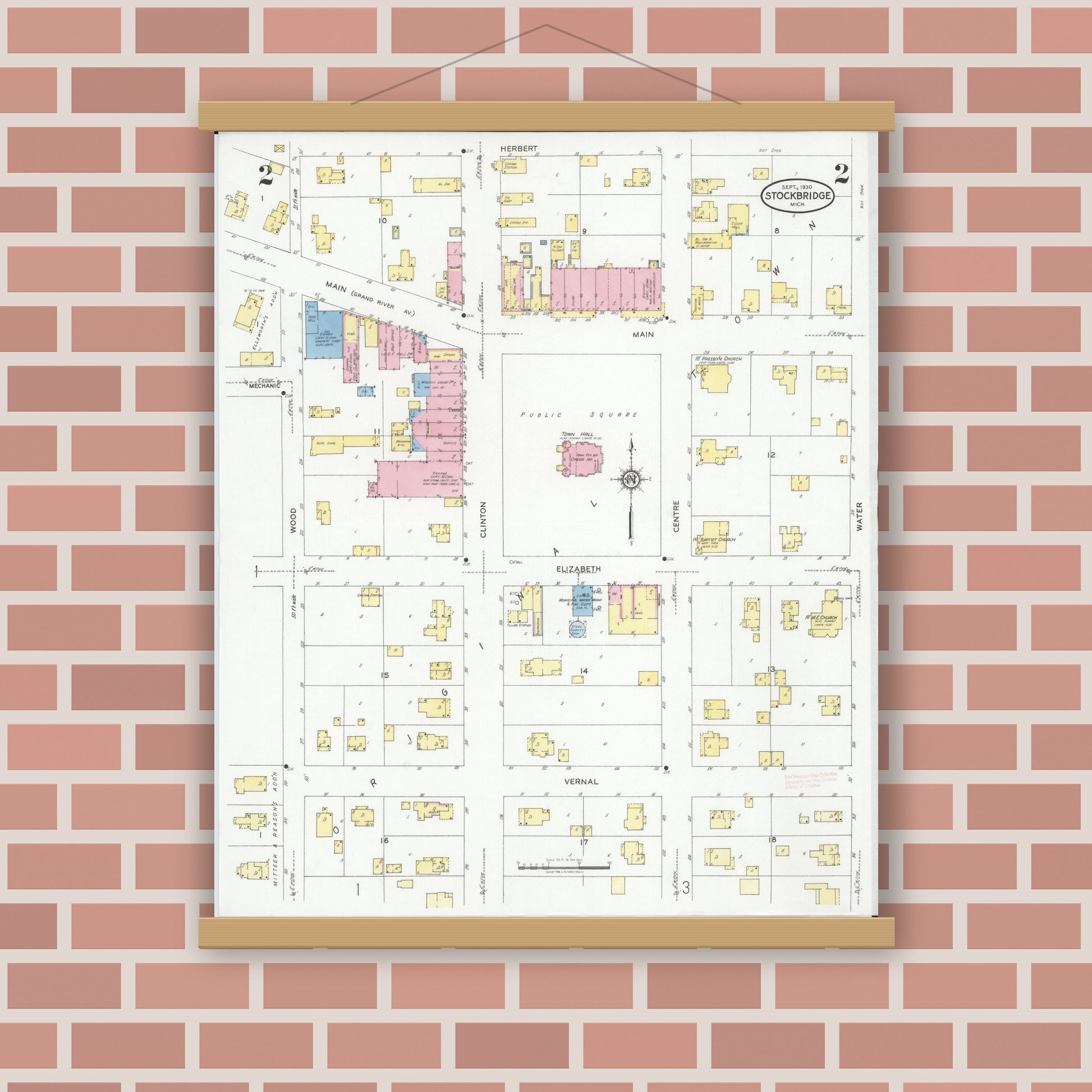 Old map wall art mockup — magnetic wood frame on brick wall — Sanborn Fire Insurance Map from Stockbridge, Ingham County, Michigan (1930), Sheet #0002