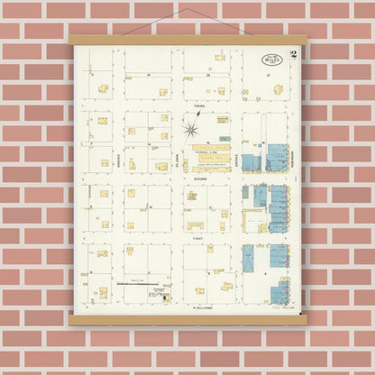 Old map wall art mockup — magnetic wood frame on brick wall — Sanborn Fire Insurance Map from Miles, Runnels County, Texas (1908), Sheet #0002