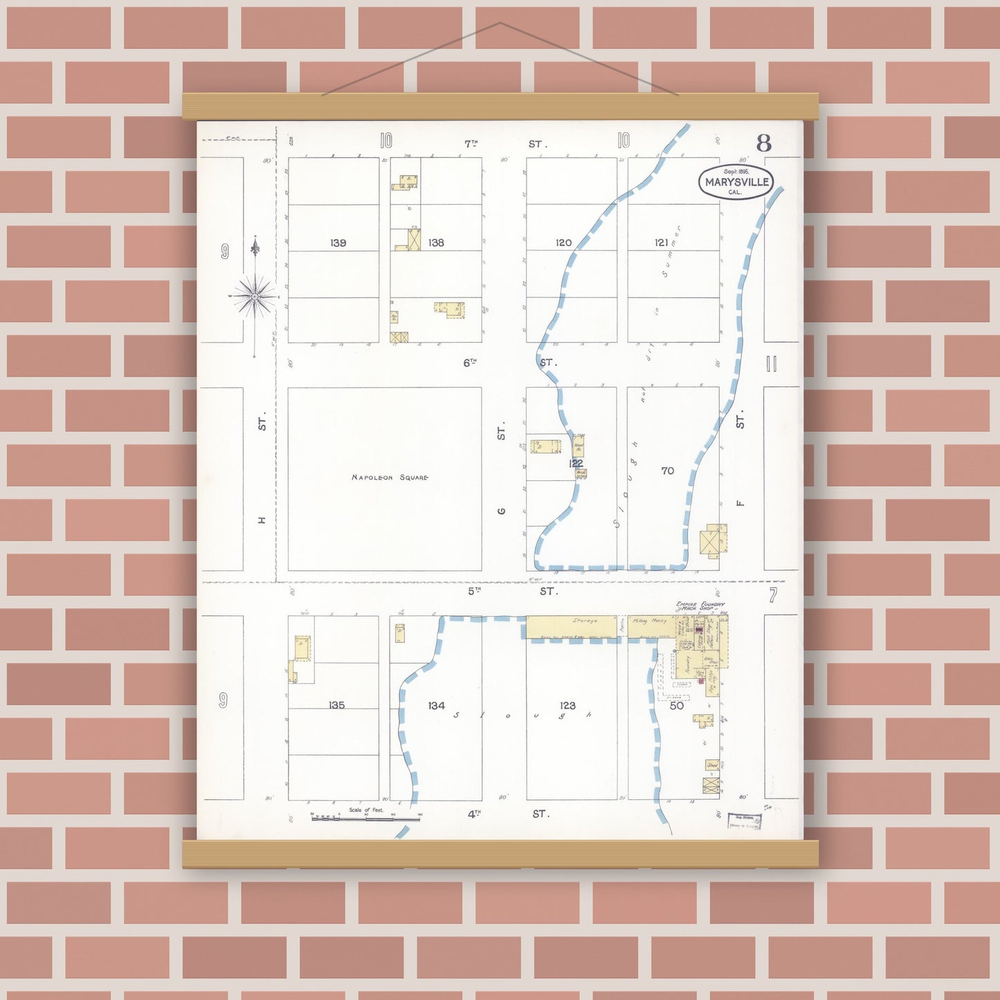 Old map wall art mockup — magnetic wood frame on brick wall — Sanborn Fire Insurance Map from Marysville, Yuba County, California (1895), Sheet #0008