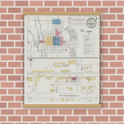Old map wall art mockup — magnetic wood frame on brick wall — Sanborn Fire Insurance Map from Carson City, Montcalm County, Michigan (1918), Sheet #0001