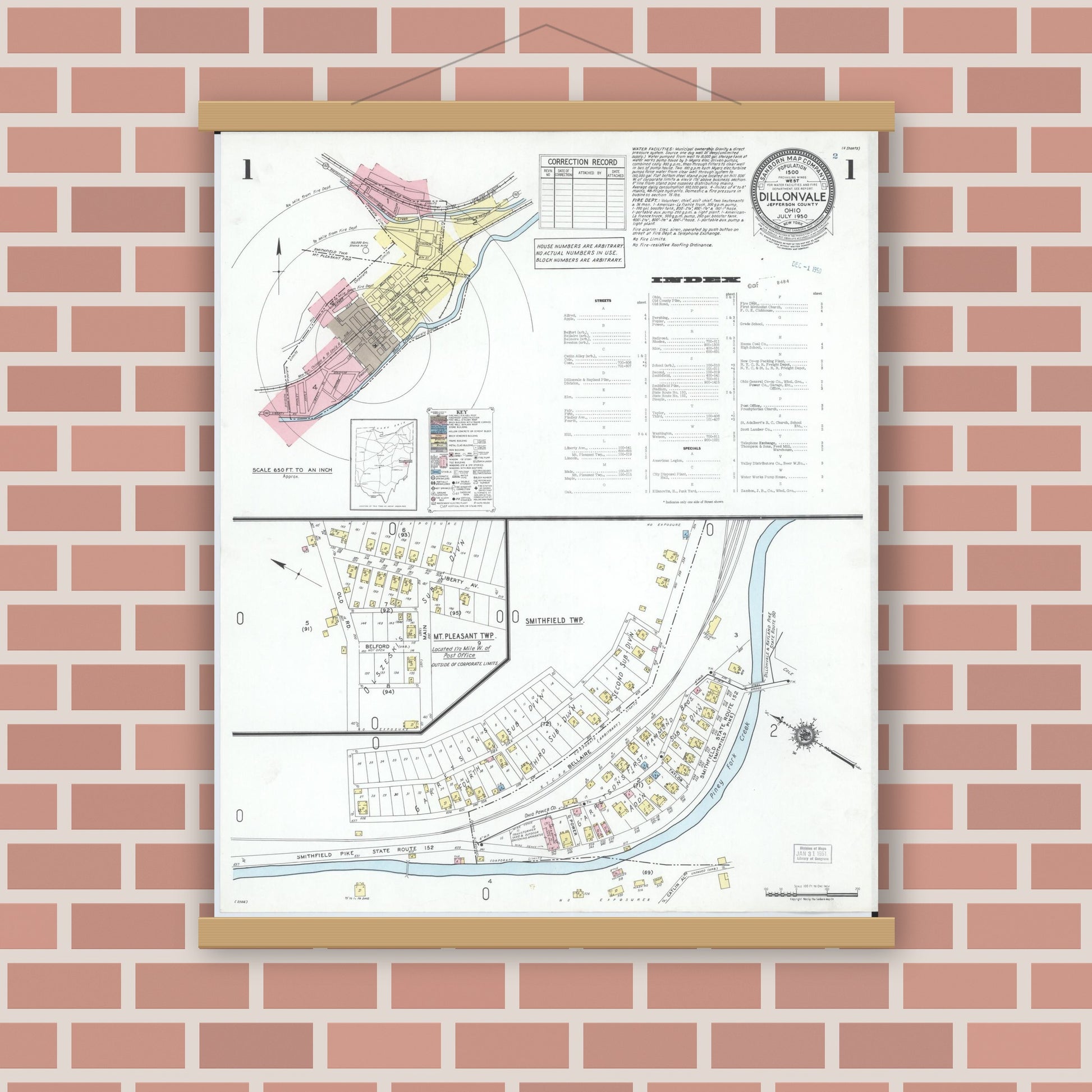 Old map wall art mockup — magnetic wood frame on brick wall — Sanborn Fire Insurance Map from Dillonvale, Jefferson County, Ohio (1950), Sheet #0001