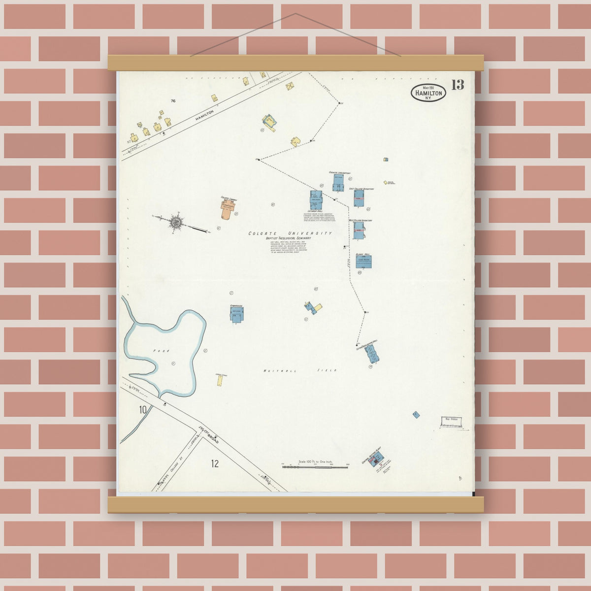 Old map wall art mockup — magnetic wood frame on brick wall — Sanborn Fire Insurance Map from Hamilton, Madison County, New York (1911), Sheet #0013