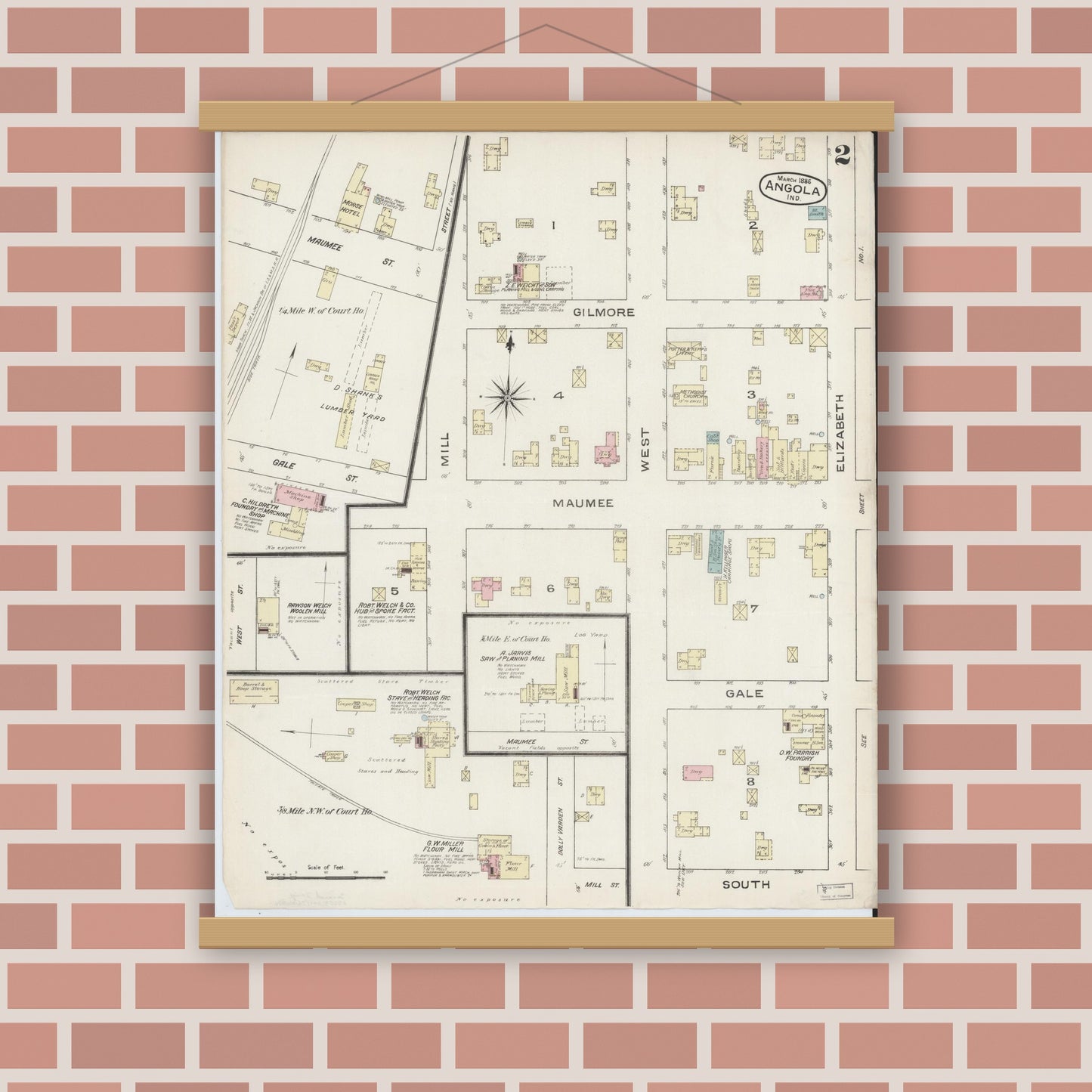 Old map wall art mockup — magnetic wood frame on brick wall — Sanborn Fire Insurance Map from Angola, Steuben County, Indiana (1886), Sheet #0002