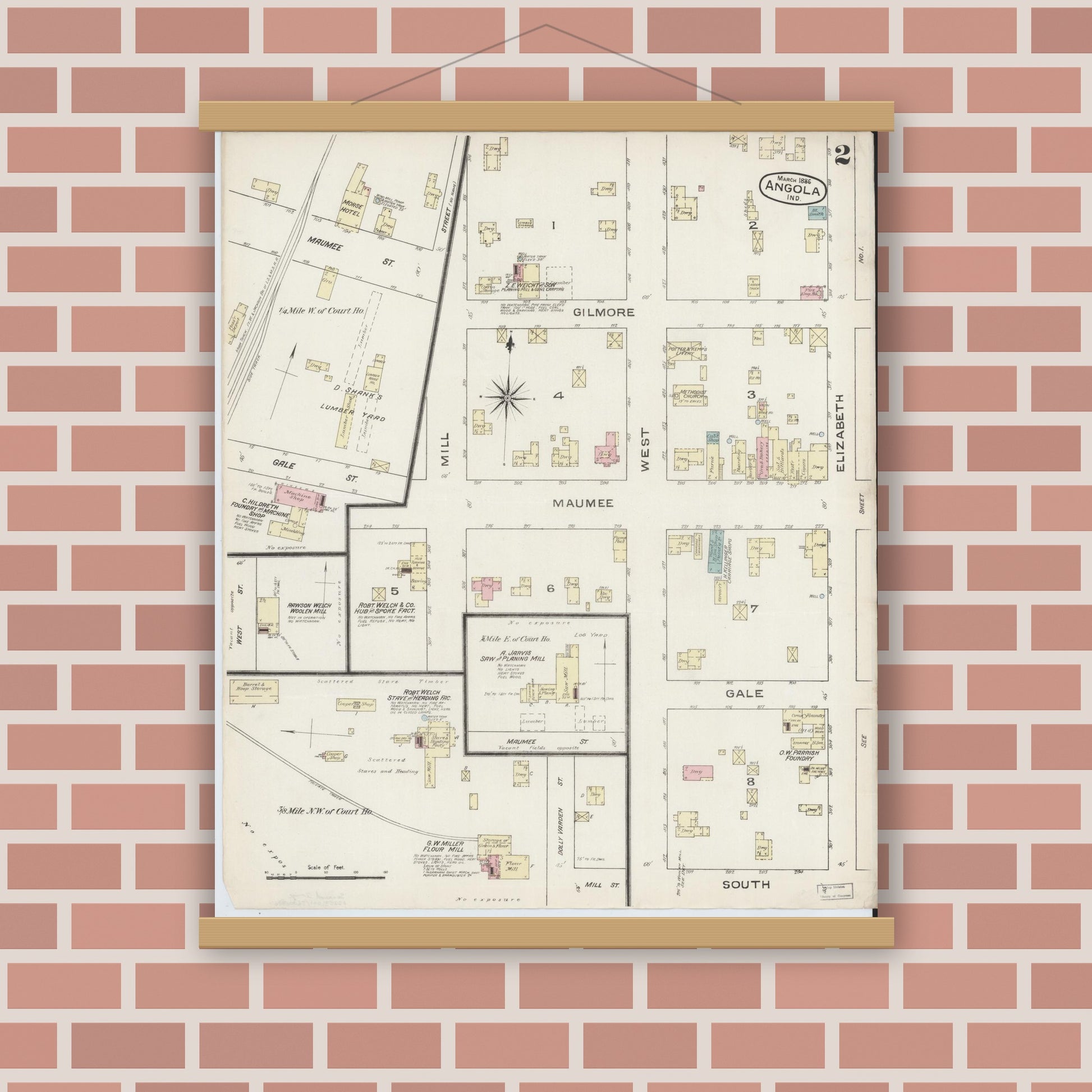 Old map wall art mockup — magnetic wood frame on brick wall — Sanborn Fire Insurance Map from Angola, Steuben County, Indiana (1886), Sheet #0002