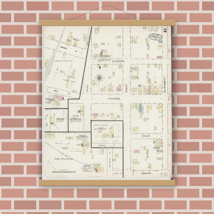 Old map wall art mockup — magnetic wood frame on brick wall — Sanborn Fire Insurance Map from Angola, Steuben County, Indiana (1886), Sheet #0002