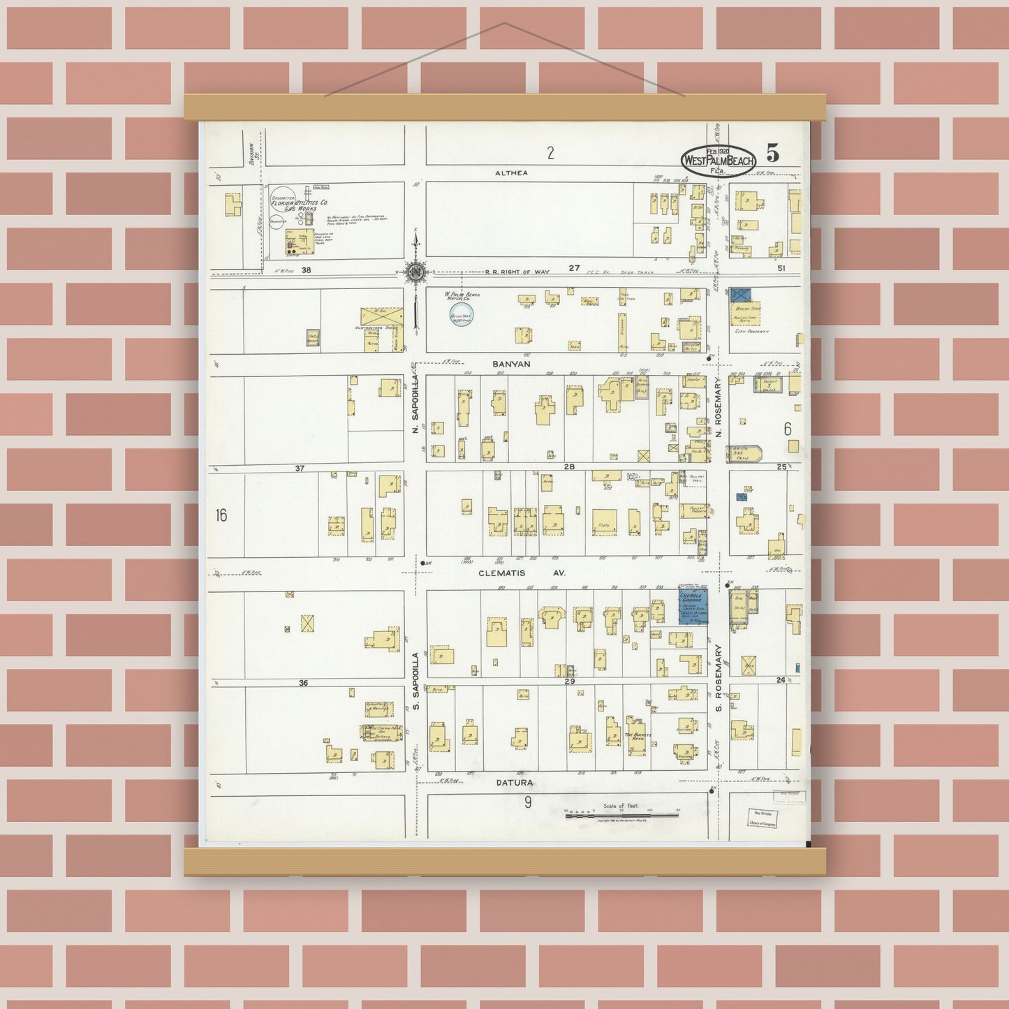 Old map wall art mockup — magnetic wood frame on brick wall — Sanborn Fire Insurance Map from West Palm Beach, Dade County, Florida (1920), Sheet #0005