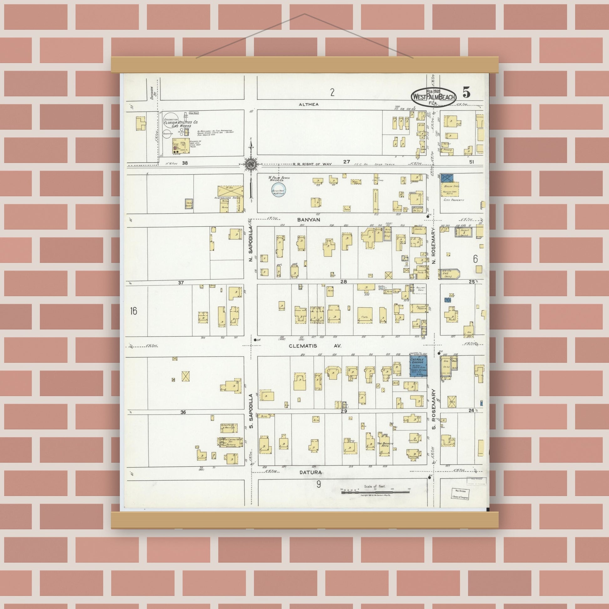 Old map wall art mockup — magnetic wood frame on brick wall — Sanborn Fire Insurance Map from West Palm Beach, Dade County, Florida (1920), Sheet #0005