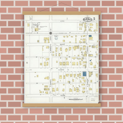 Old map wall art mockup — magnetic wood frame on brick wall — Sanborn Fire Insurance Map from West Palm Beach, Dade County, Florida (1920), Sheet #0005
