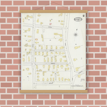 Old map wall art mockup — magnetic wood frame on brick wall — Sanborn Fire Insurance Map from Northampton, Hampshire County, Massachusetts (1895), Sheet #0002