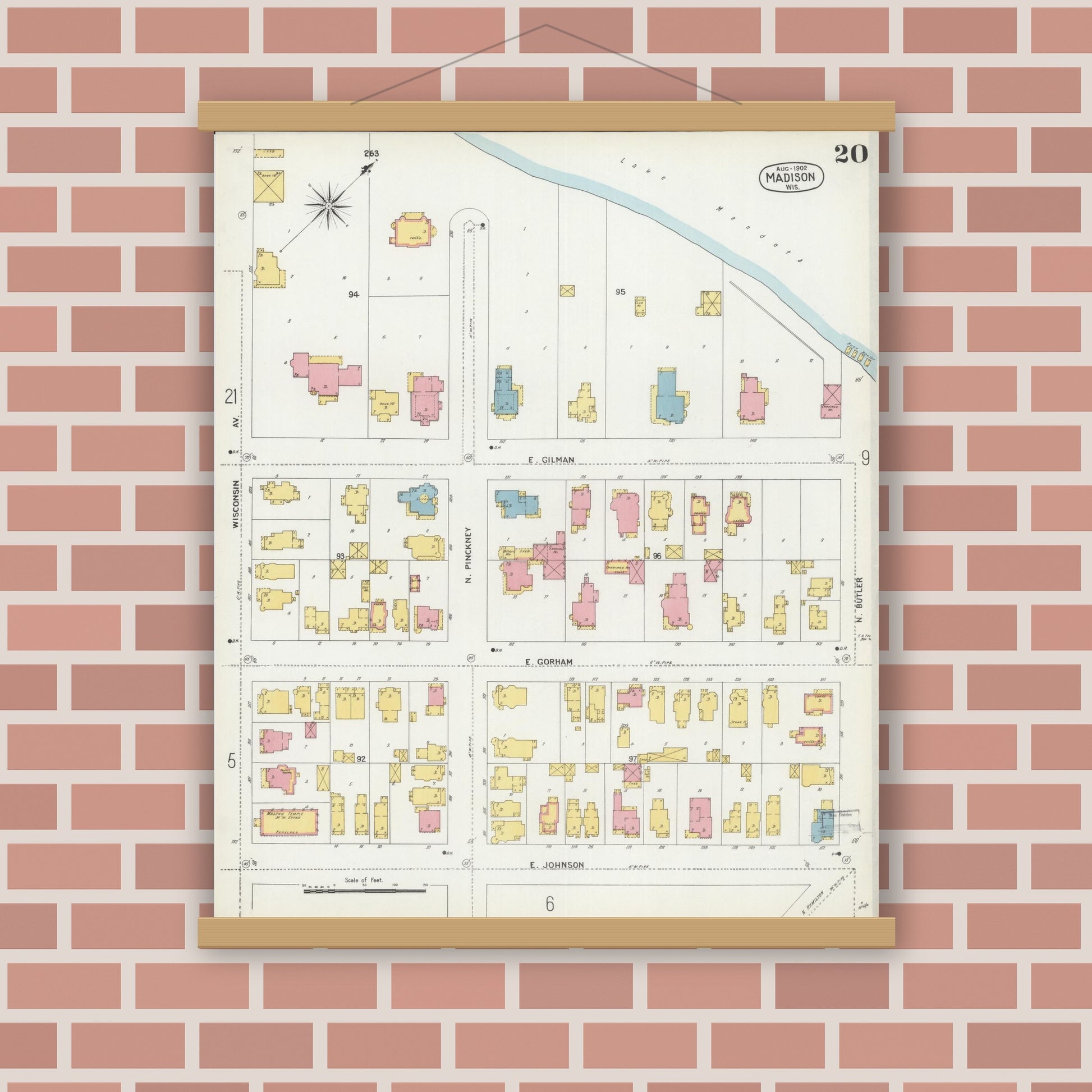 Old map wall art mockup — magnetic wood frame on brick wall — Sanborn Fire Insurance Map from Madison, Dane County, Wisconsin (1902), Sheet #0020