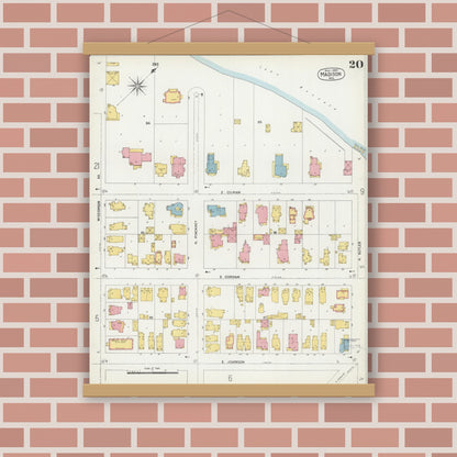 Old map wall art mockup — magnetic wood frame on brick wall — Sanborn Fire Insurance Map from Madison, Dane County, Wisconsin (1902), Sheet #0020