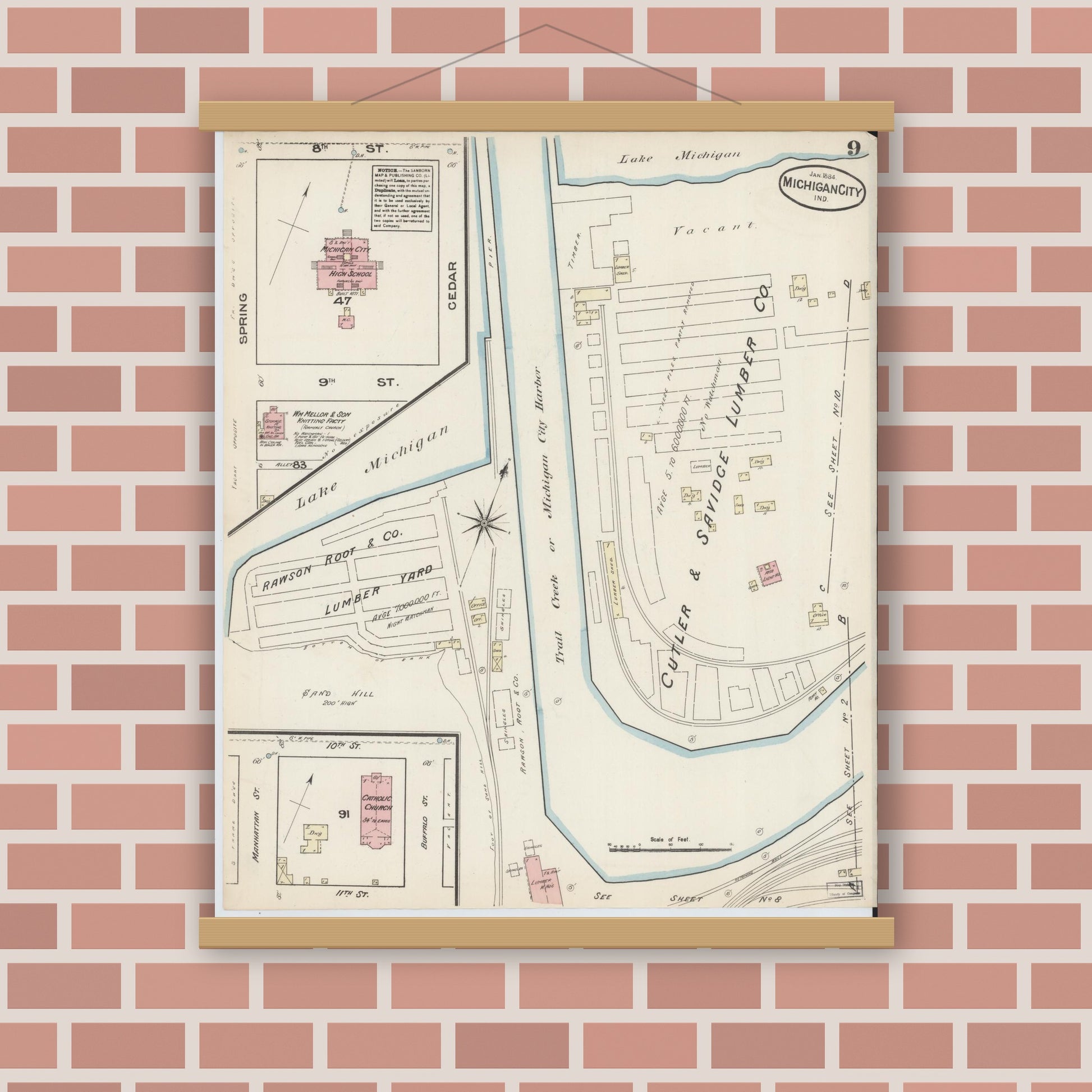 Old map wall art mockup — magnetic wood frame on brick wall — Sanborn Fire Insurance Map from Michigan City, La Porte  County, Indiana (1884), Sheet #0009